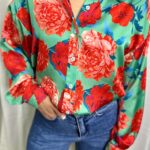 INNOCENT FLORAL-GREEN SATIN SHIRT O/S